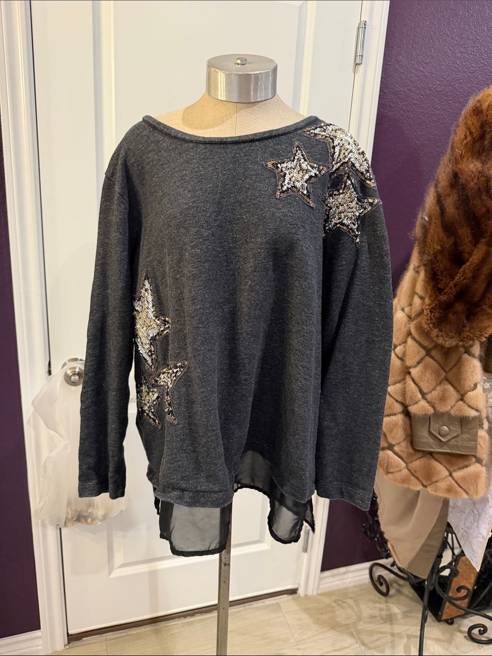 Style & Co. Charcoal Gray Sequin Star Pullover